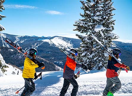 Three friends carrying ski equipment on the mountain