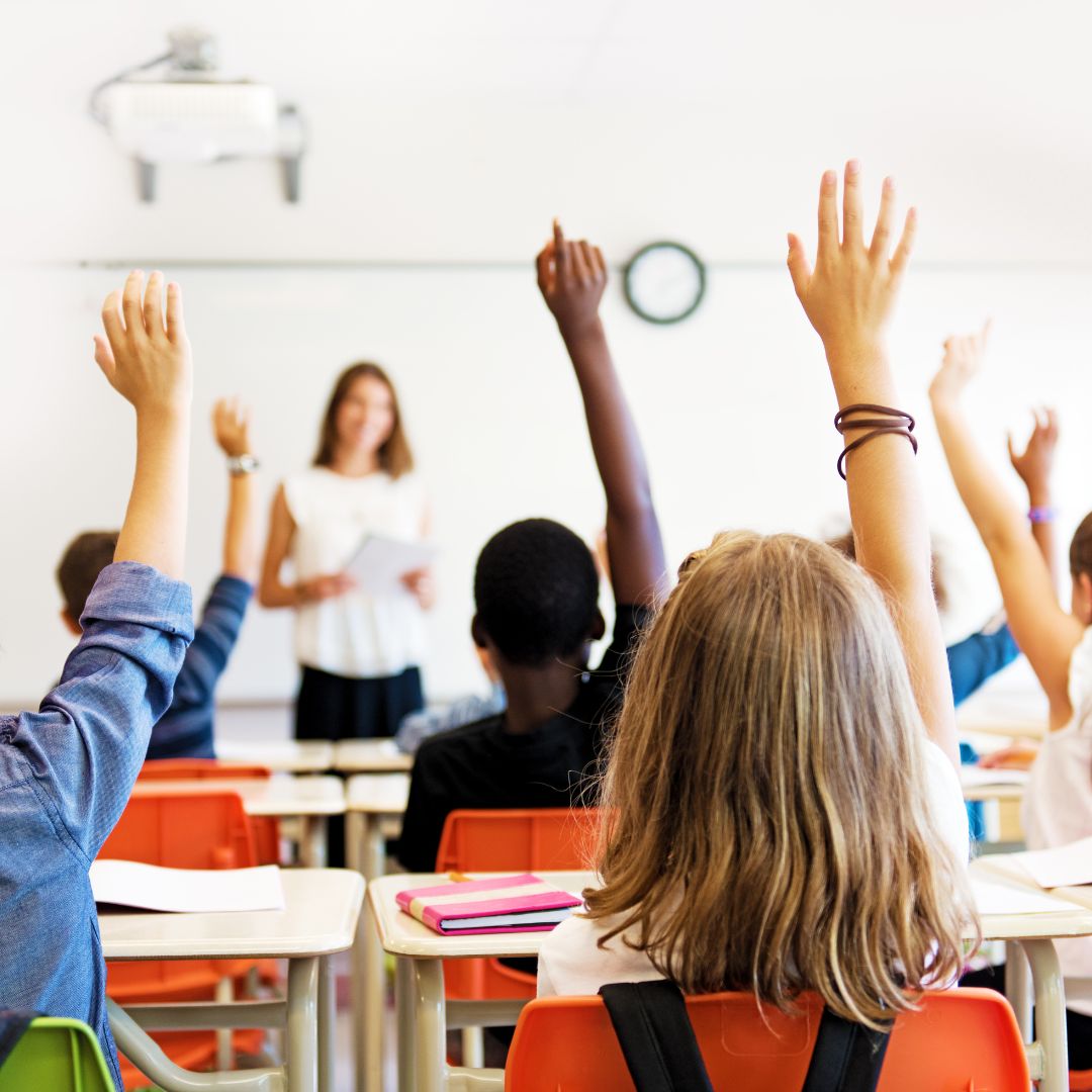 Children raising their hands in class