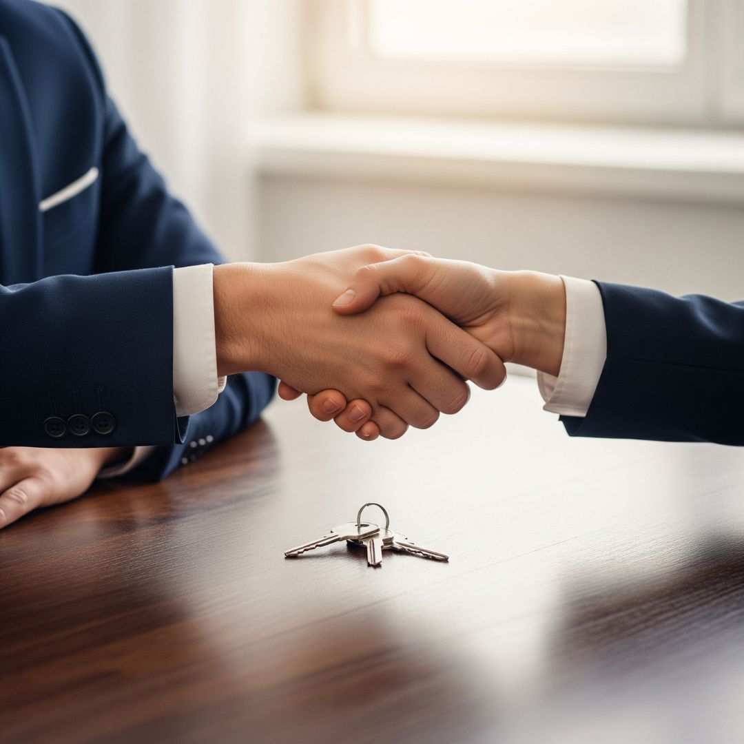 Two people shaking hands with house keys on a table