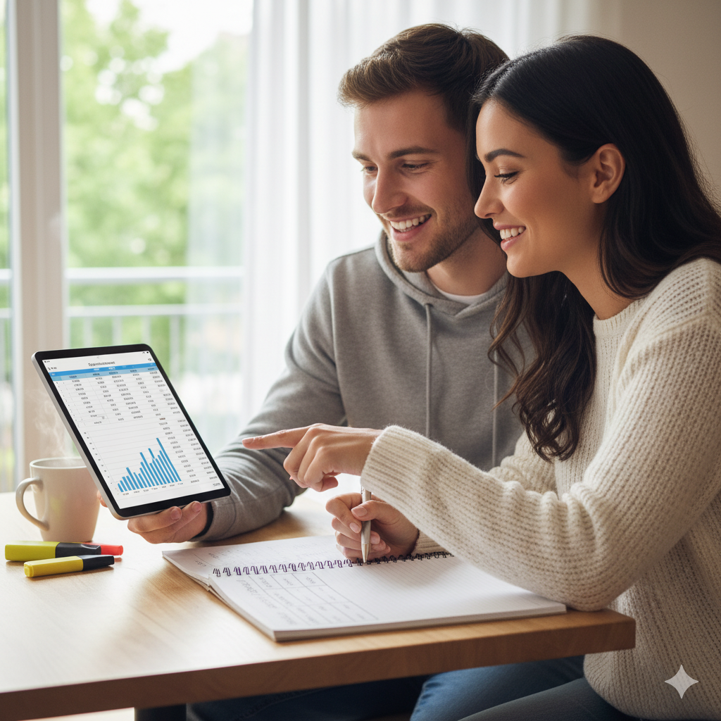 Couple reviewing a budget spreadsheet on a tablet, with a notebook and pen on the table.