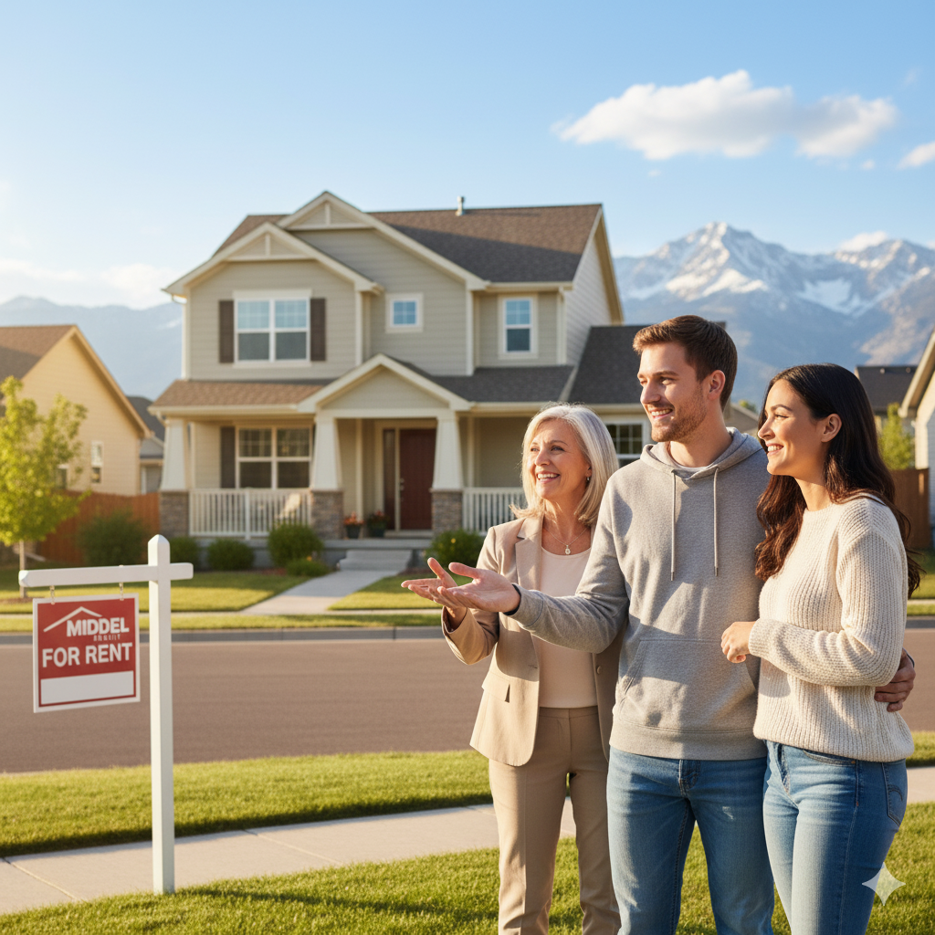 A real estate agent showing a couple a house for rent with a 