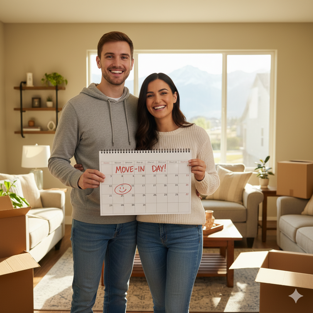 Happy couple holding a calendar with 