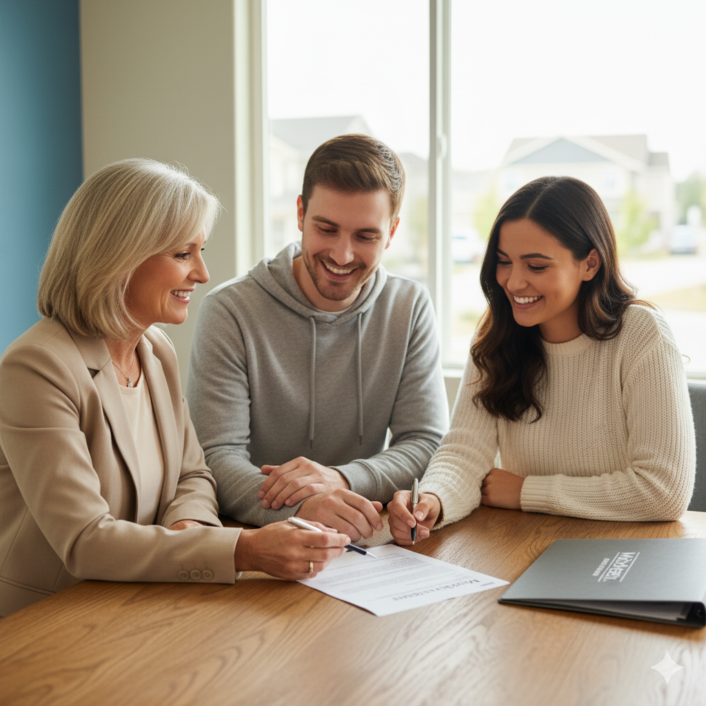 A real estate agent assisting a smiling couple with signing a lease agreement at a table.