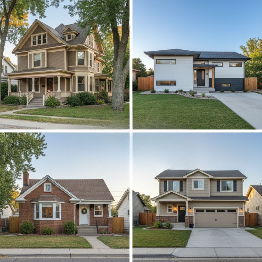 a collage style image with 4 different style houses in each corner of the image seperated by a white line