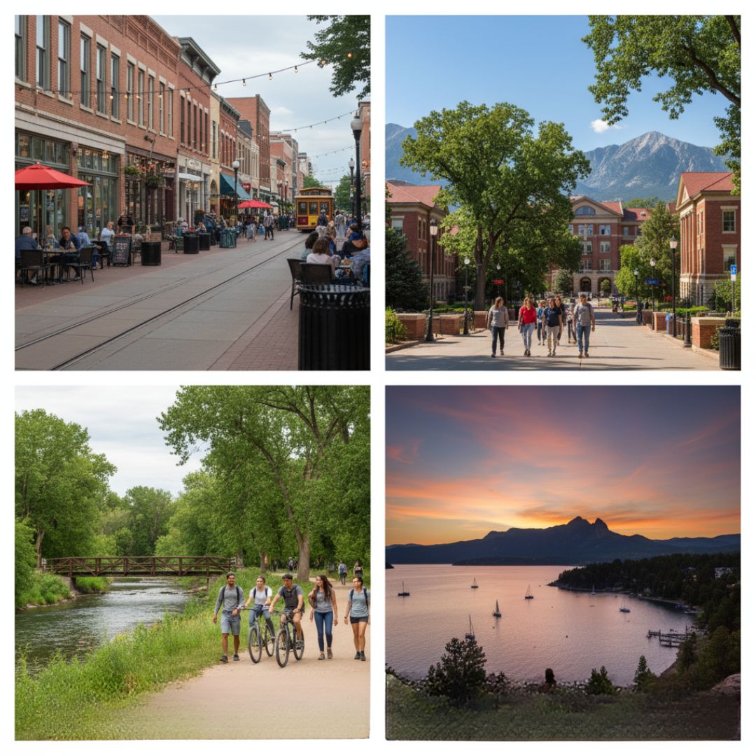 a collage style photo displaying different areas of Fort Collins, CO with a picture in each corner, separated by a white line