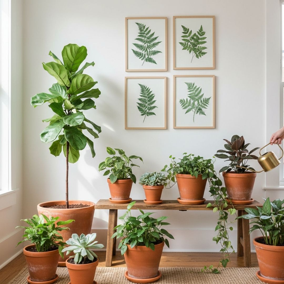 watering a collection of indoor plants